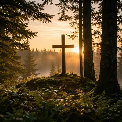 Wooden Cross at Evergreen Sunrise