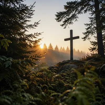 Wooden Cross Silhouette at Evergreen Sunrise