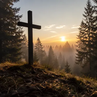 Wooden Cross at Evergreen Sunrise