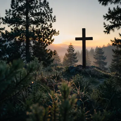 Wooden Cross at Evergreen Sunrise
