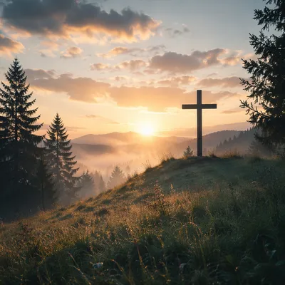 Wooden Cross Silhouette at Evergreen Sunrise