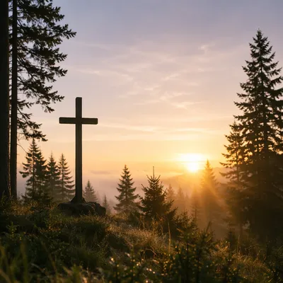 Wooden Cross at Evergreen Sunrise