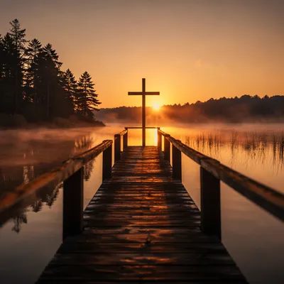 Wooden Cross Silhouette Over Misty Sunrise Lake