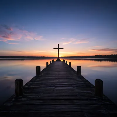 Wooden Cross Silhouette at Sunrise Lake