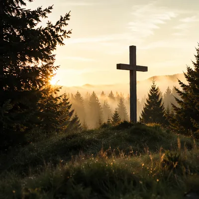Wooden Cross Silhouette at Evergreen Sunrise