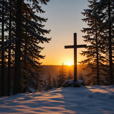 Wooden Cross Silhouette at Evergreen Sunrise
