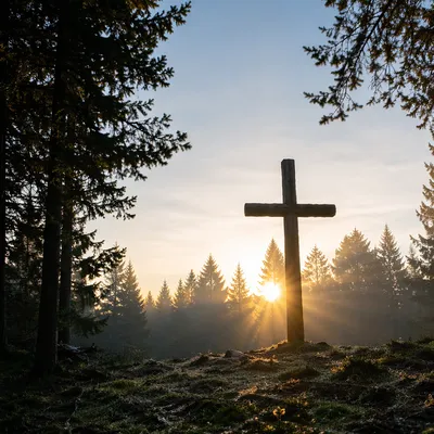 Wooden Cross at Sunrise in Evergreens