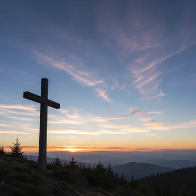Wooden Cross Silhouette at Evergreen Sunrise