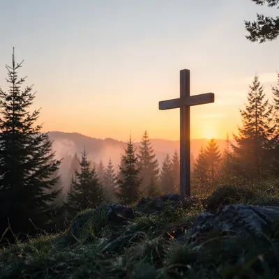 Wooden Cross at Evergreen Sunrise