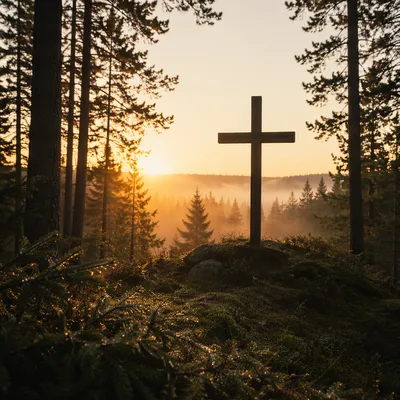 Wooden Cross Silhouette at Evergreen Sunrise