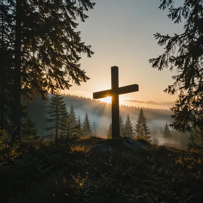 Wooden Cross Silhouette at Evergreen Sunrise