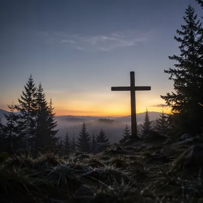 Wooden Cross Silhouette at Evergreen Sunrise