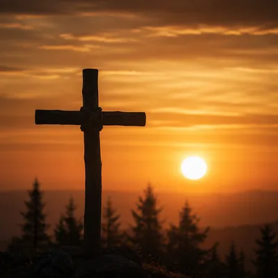 Wooden Cross Silhouette at Golden Sunrise