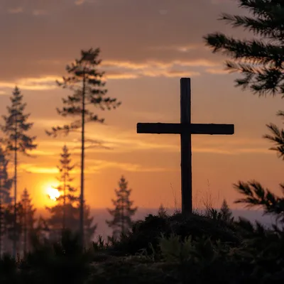 Wooden Cross Silhouette at Evergreen Sunrise