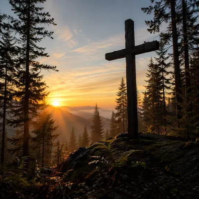 Wooden Cross Silhouette at Evergreen Sunrise