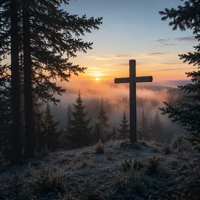 Wooden Cross at Evergreen Sunrise