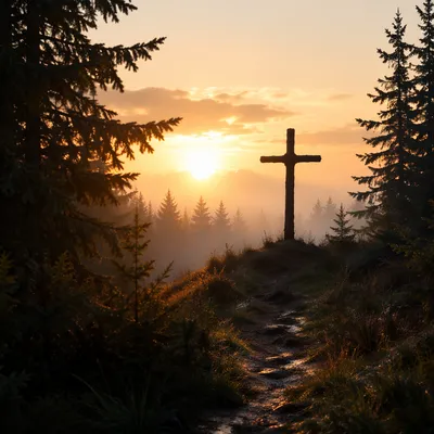 Wooden Cross Silhouette at Evergreen Sunrise