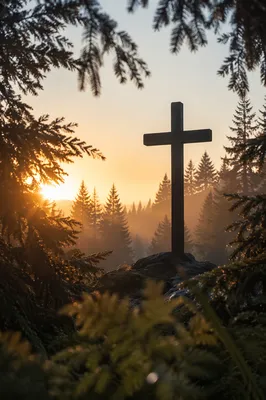 Wooden Cross Silhouette at Evergreen Sunrise