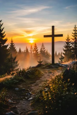 Wooden Cross at Evergreen Sunrise