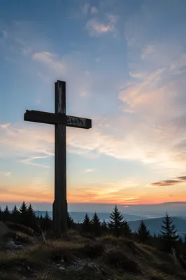 Wooden Cross Silhouette at Evergreen Sunrise