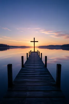 Wooden Cross Sunrise Over Calm Lake