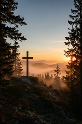 Wooden Cross Sunrise on Evergreen Ridge
