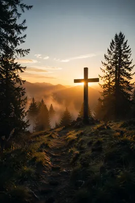 Wooden Cross Sunrise on Evergreen Ridge