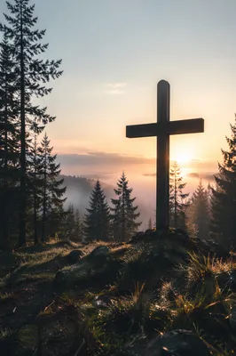 Wooden Cross at Evergreen Sunrise