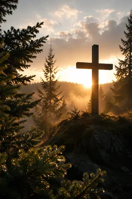 Wooden Cross at Evergreen Sunrise