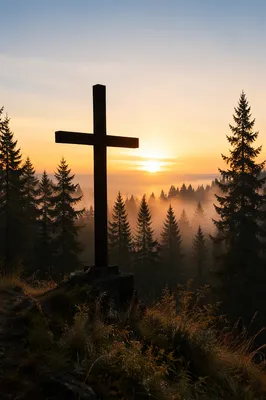 Wooden Cross Silhouette at Evergreen Sunrise