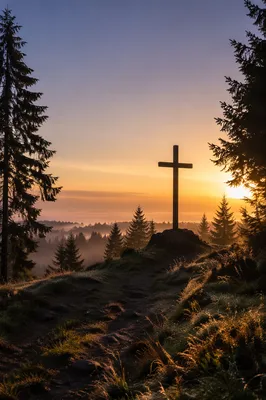 Wooden Cross at Evergreen Sunrise