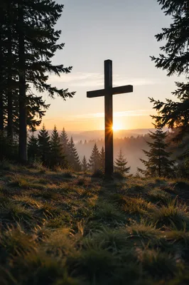Wooden Cross at Evergreen Sunrise