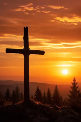 Wooden Cross Silhouette at Golden Sunrise