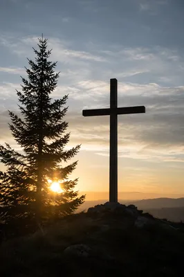 Wooden Cross Silhouette at Evergreen Sunrise