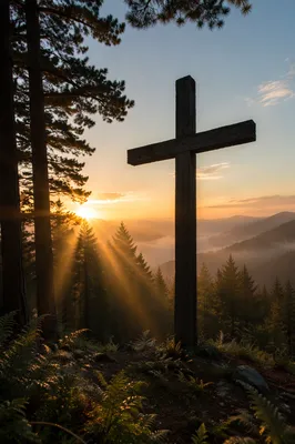 Wooden Cross Silhouette at Evergreen Sunrise