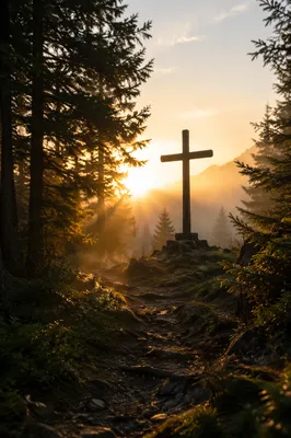Wooden Cross Silhouette at Evergreen Sunrise