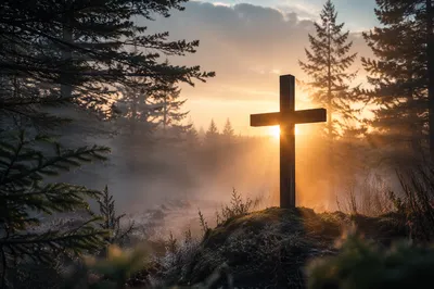 Wooden Cross at Evergreen Sunrise