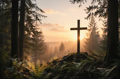 Wooden Cross Silhouette at Evergreen Sunrise