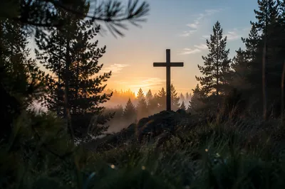 Wooden Cross at Evergreen Sunrise