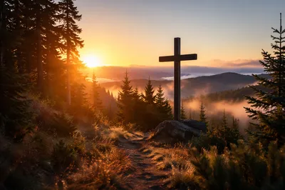 Wooden Cross at Evergreen Sunrise