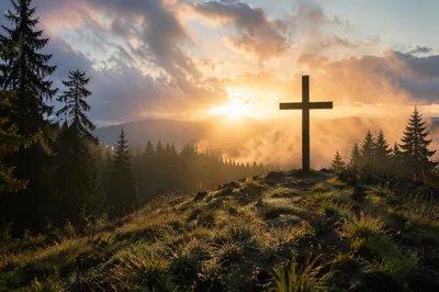Wooden Cross Silhouette at Evergreen Sunrise