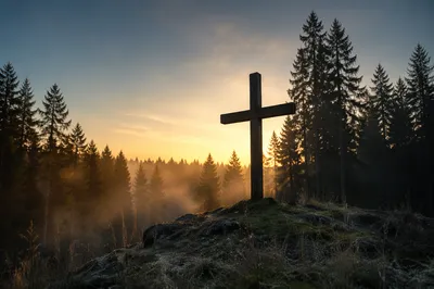 Wooden Cross Silhouette at Evergreen Sunrise