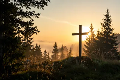 Wooden Cross Silhouette at Evergreen Sunrise