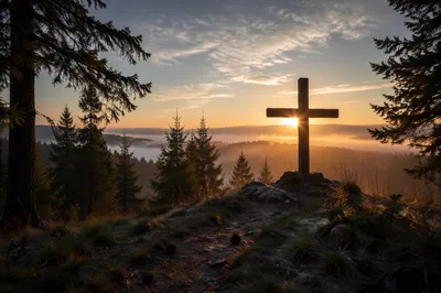 Wooden Cross Silhouette on Evergreen Sunrise Ridge