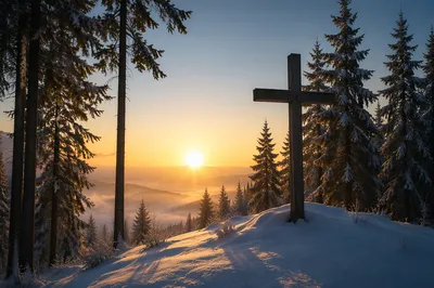 Wooden Cross at Sunrise in Evergreens