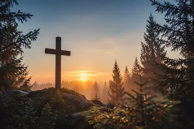 Wooden Cross at Evergreen Sunrise