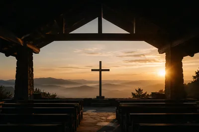 Wooden Cross Sunrise in Mountain Chapel