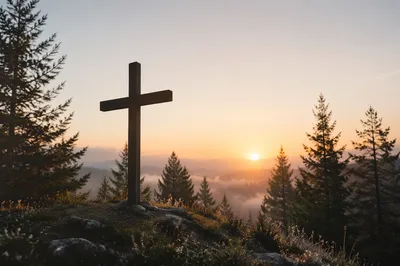Wooden Cross at Evergreen Sunrise