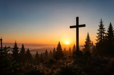 Wooden Cross at Evergreen Sunrise