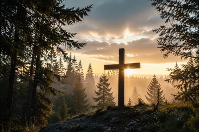 Wooden Cross at Evergreen Sunrise